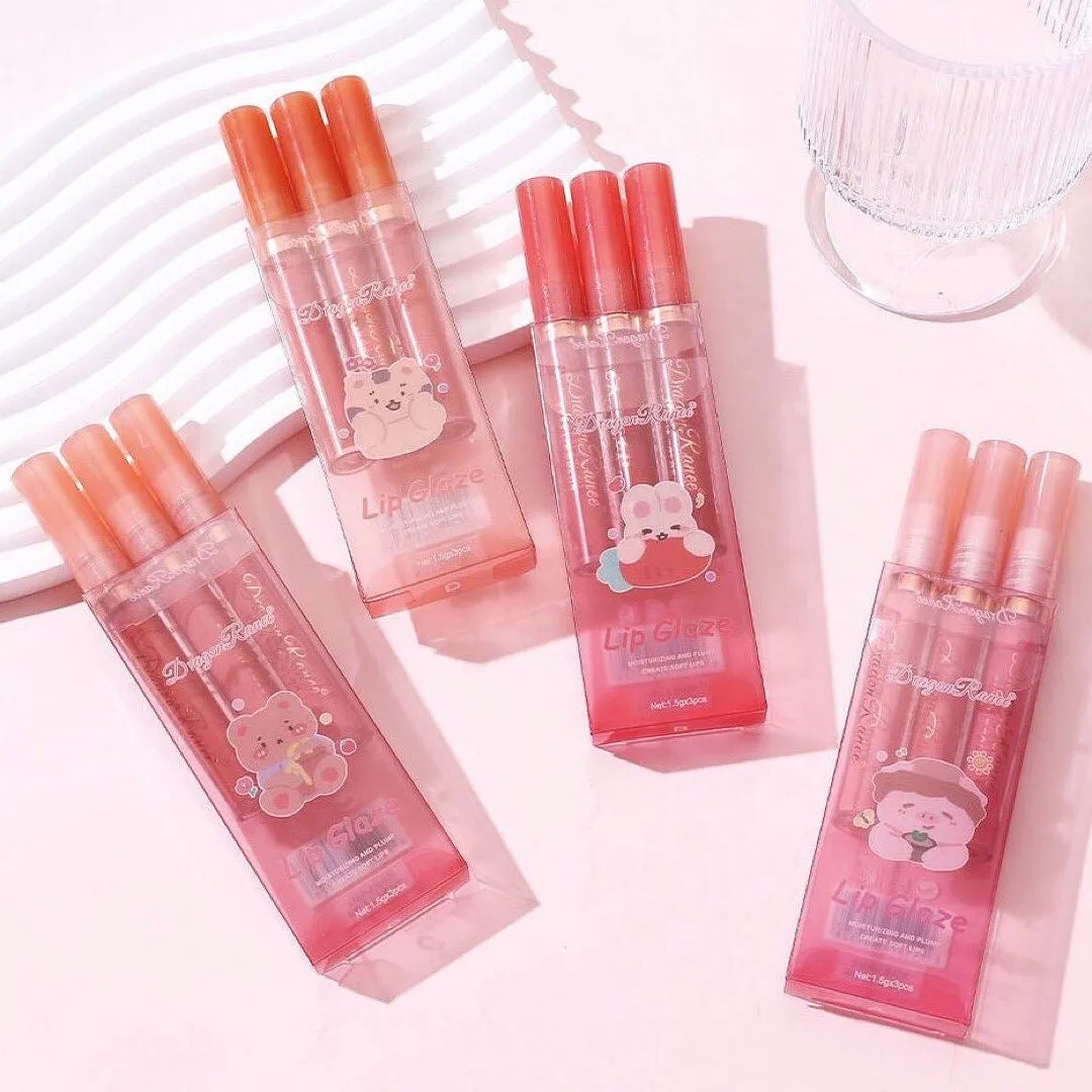 Dragon Ranee - 3pcs Cartoon Mirror Lip Gloss Hydrating & Moisturizing