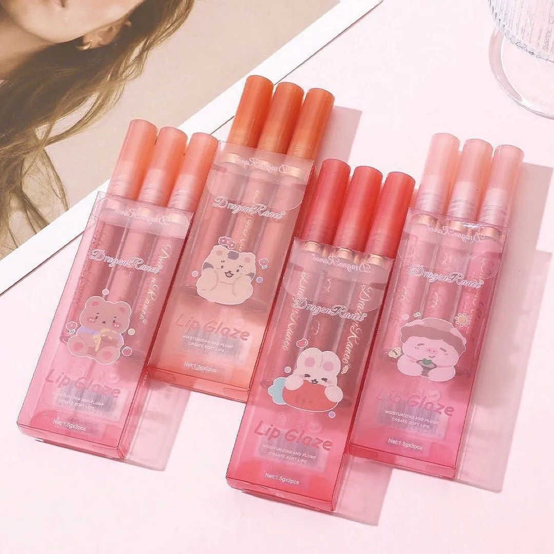 Dragon Ranee - 3pcs Cartoon Mirror Lip Gloss Hydrating & Moisturizing