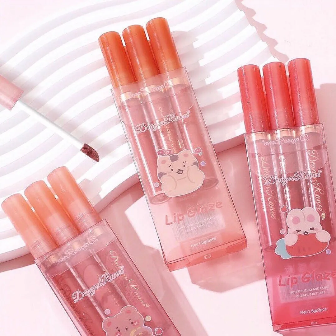 Dragon Ranee - 3pcs Cartoon Mirror Lip Gloss Hydrating & Moisturizing