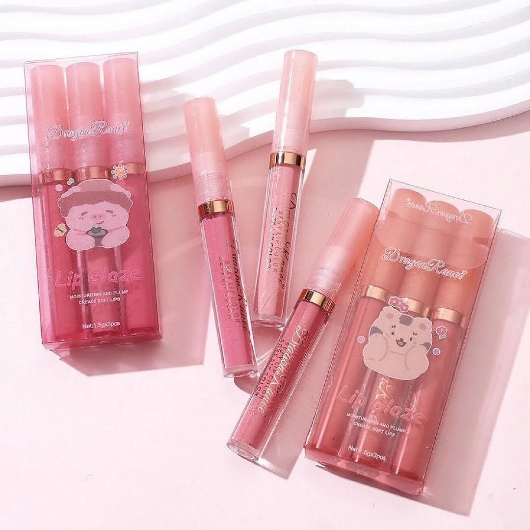 Dragon Ranee - 3pcs Cartoon Mirror Lip Gloss Hydrating & Moisturizing