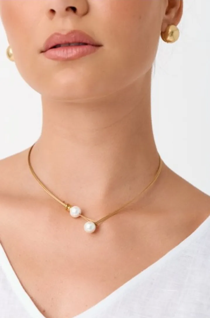 Fine Metallic Cord Faux Pearl Necklace Gold/Cream