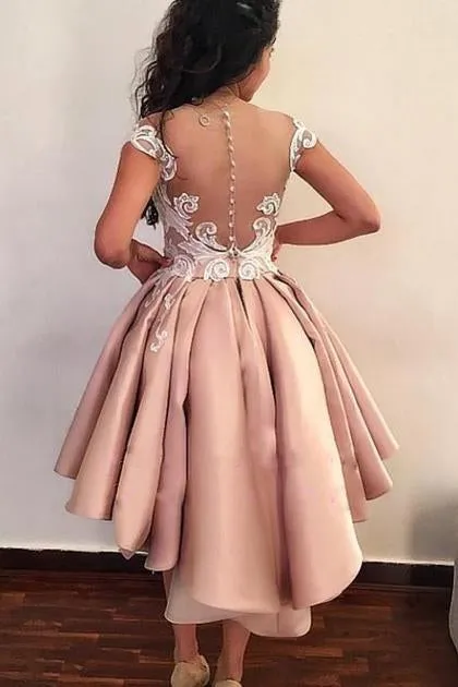Unique Cap Sleeves High Low Sheer Neck Homecoming Dress, Cocktail Dresses with Lace UQ1811